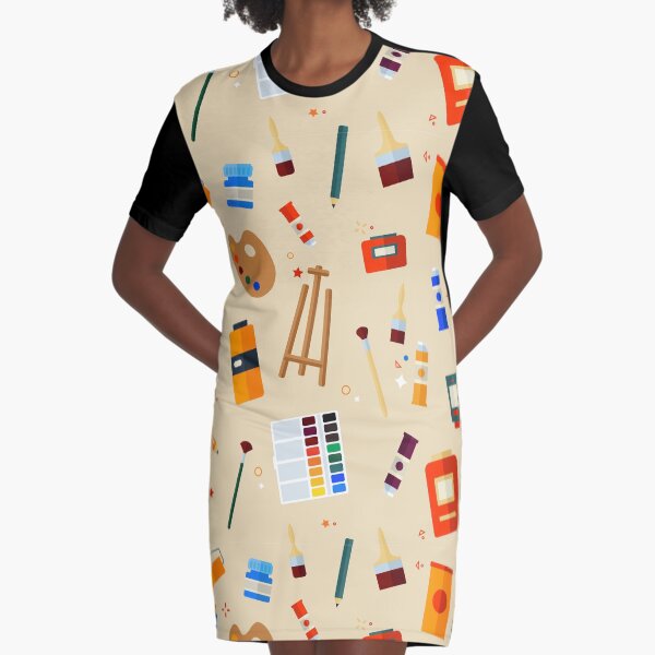 Tools and Materials for Creativity and Painting Seamless Pattern Graphic T-Shirt Dress