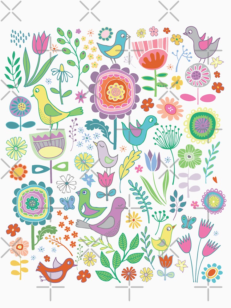 Birds and Blooms - on white - pretty floral bird pattern by Cecca Designs by Cecca-Designs