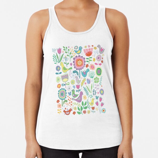 Birds and Blooms - on white - pretty floral bird pattern by Cecca Designs Racerback Tank Top