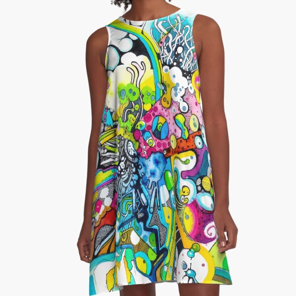 Tubes of Wonder - Abstract Watercolor + Pen Illustration A-Line Dress
