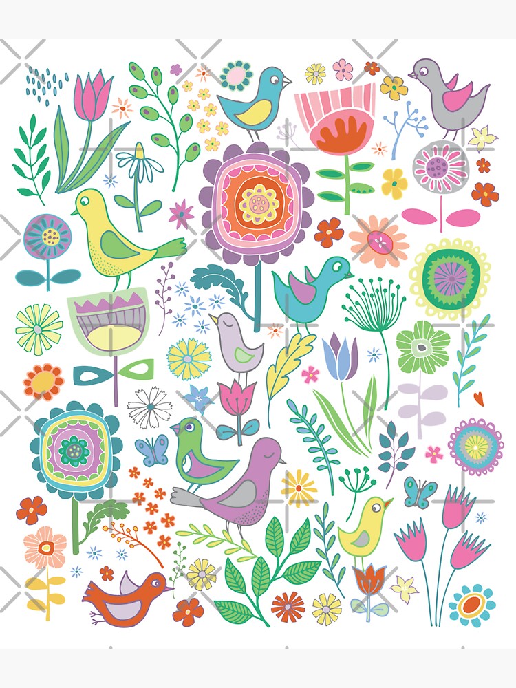 Thumbnail 3 of 3, Sticker, Birds and Blooms - on white - pretty floral bird pattern by Cecca Designs designed and sold by Cecca-Designs.