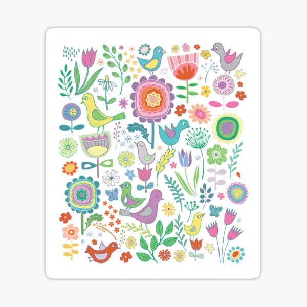 Birds and Blooms - on white - pretty floral bird pattern by Cecca Designs Sticker