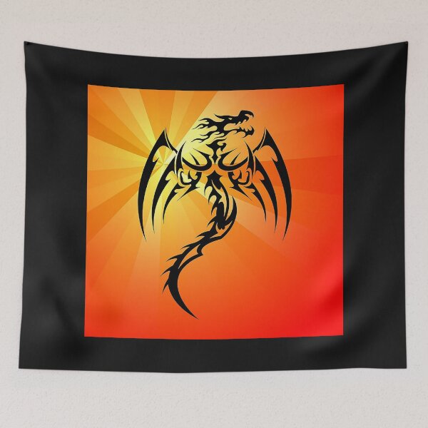 Item preview, dragon flying with sunburst in backround, lineart dragon with orange backround, fierce dragon, fire breathing dragon. dragon tatoo designed and sold by Nostrathomas66.