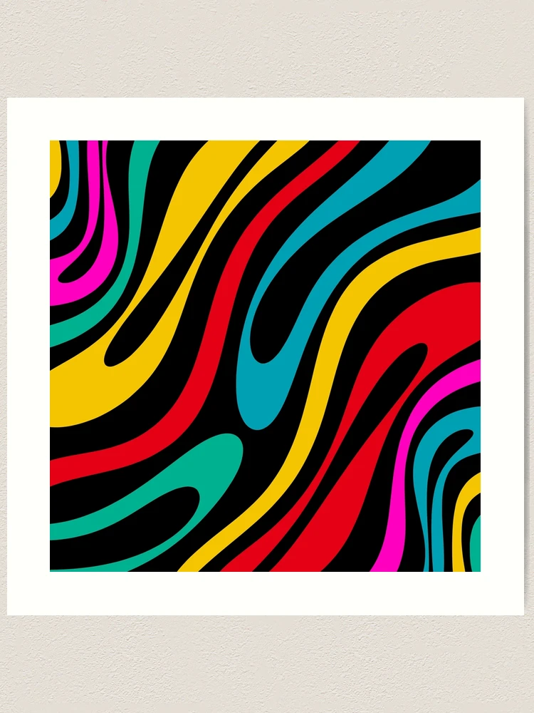 送料無料 日本 Wavy Loops Retro 80s Colorful Abstract Pattern on Black アート・デザイン・音楽