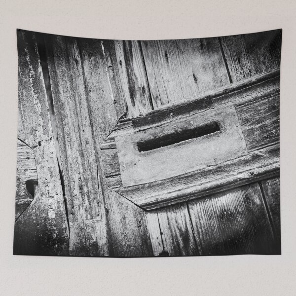 Item preview, Black and White close-up photo of a Letterbox in a old wooden door on Crete, Greece  designed and sold by Diana van Neck.