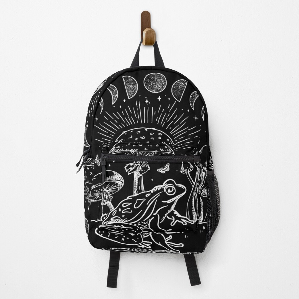 Frog Under Mushroom Dark Academia Cottagecore Aesthetic Goth Mystical - Edgy Alternative Look - Fungi Butterfly Toad In Forest Themed Psychedelic Nature - Gardencore Witchy Vibes Backpack