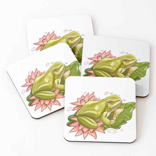 Item preview, Green Tropical Frog Sitting on Water lily leaves and flowers: White bgd designed and sold by Jessiemay-arts.