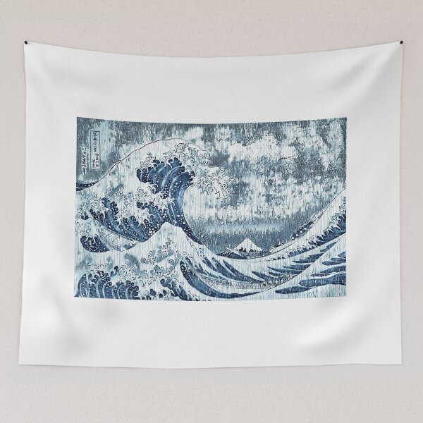 Item preview, The Great Wave off Kanagawa with wood texture effect and in blue color designed and sold by NickoPrints.