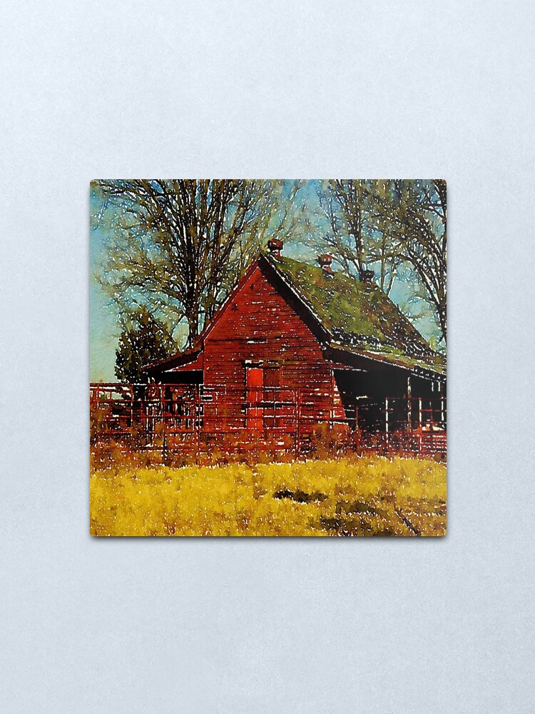 Watercolor Autumn Landscape Primitive Western Country Red Barn" Metal Print By Lfang77 | Redbubble