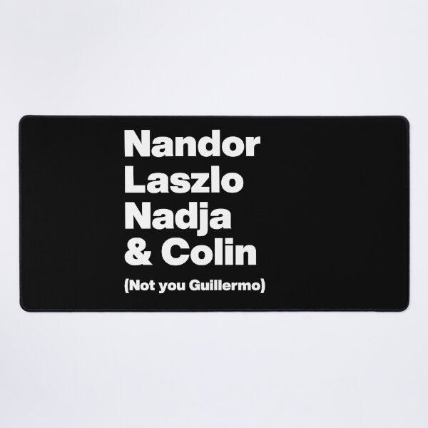 Aperçu de l'œuvre Nandor Laszlo Nadja et Colin (pas vous Guillermo) - Ce que nous faisons dans l'ombre - Graphique en texte blanc créée et vendue par TypeHaus™.