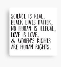 Science is real, no human is illegal, black lives matter, love is love, and womens rights are human rights Metal Print