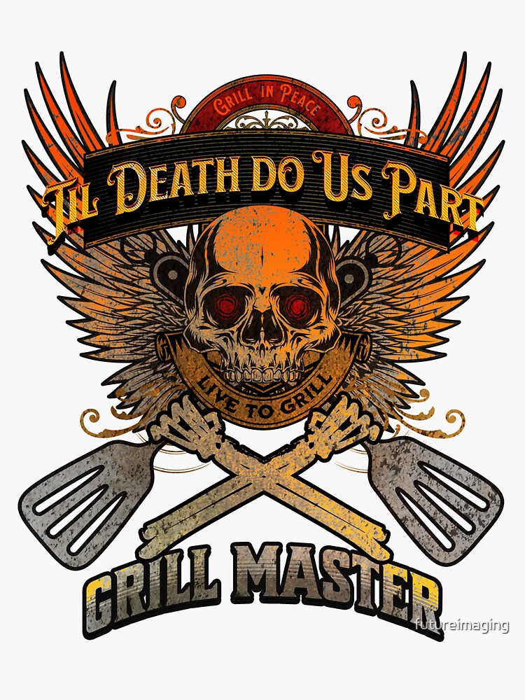 Thumbnail 3 of 3, Sticker, Grill in Peace - Live to Grill - Grill Master - Sunset Orange designed and sold by futureimaging.