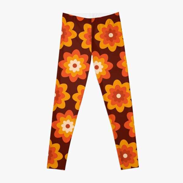 Retro 70s boho hippie orange flower power Leggings by ChrissyInk