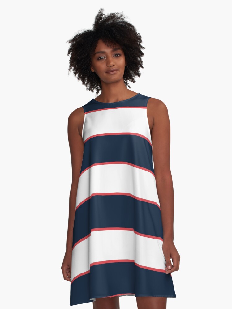 Navy Blue White Red Nautical Sailor Stripes A Line Dress