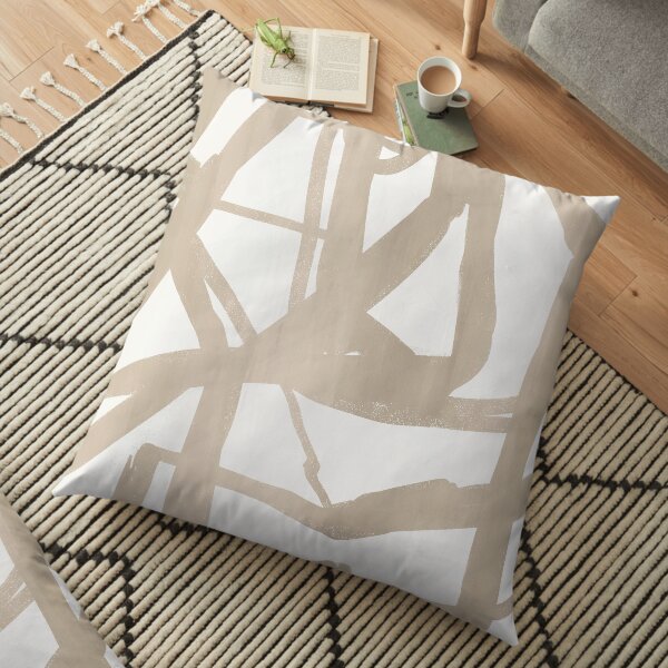 Minimalist Brush Strokes Modern Beige Line Abstract Art Floor Pillow