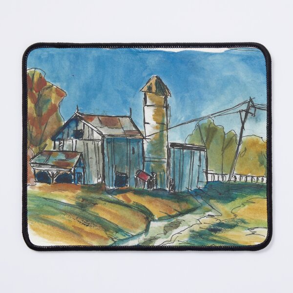 Item preview, Rustic Barn Watercolor and Ink Painting of a Barn with Silo during Autumn designed and sold by AliCatOriginals.