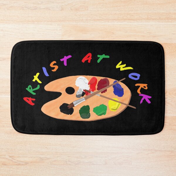 Item preview, Artist at Work. Wooden Artist Palette with Colorful Paints and Brushes. Multicolored Lettering. Black Background. designed and sold by ArtByLM.
