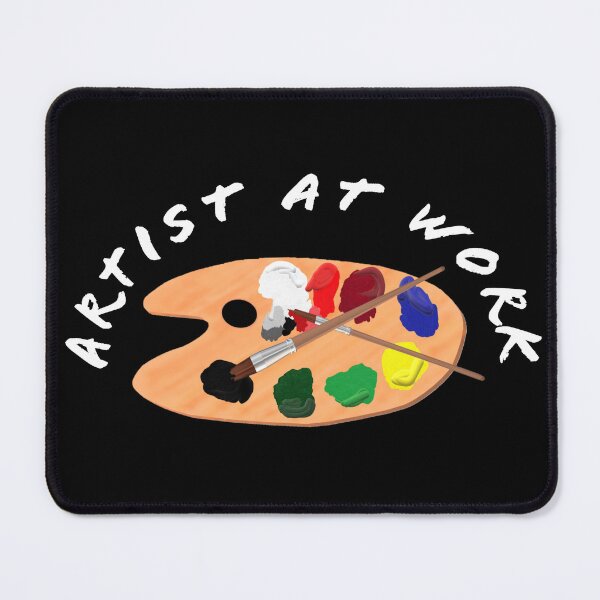 Artikelvorschau, Künstler bei der Arbeit. Künstlerpalette aus Holz mit bunten Farben und Pinseln. Weiße Schrift. Schwarzer Hintergrund. entworfen und verkauft von ArtByLM.
