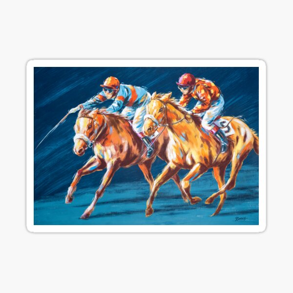 Horse racing at the racetrack by two jockeys. Sticker