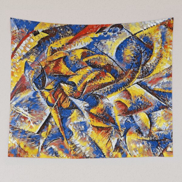Item preview, Dynamism of a Cyclist by Umberto Boccioni - colorful digital recreation in blue, yellow and red designed and sold by NickoPrints.