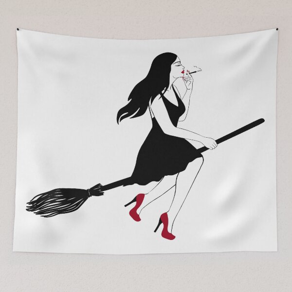 Item preview, Hand drawn vector illustration of a sexy smoking witch flying on a broom designed and sold by Familyshmot.
