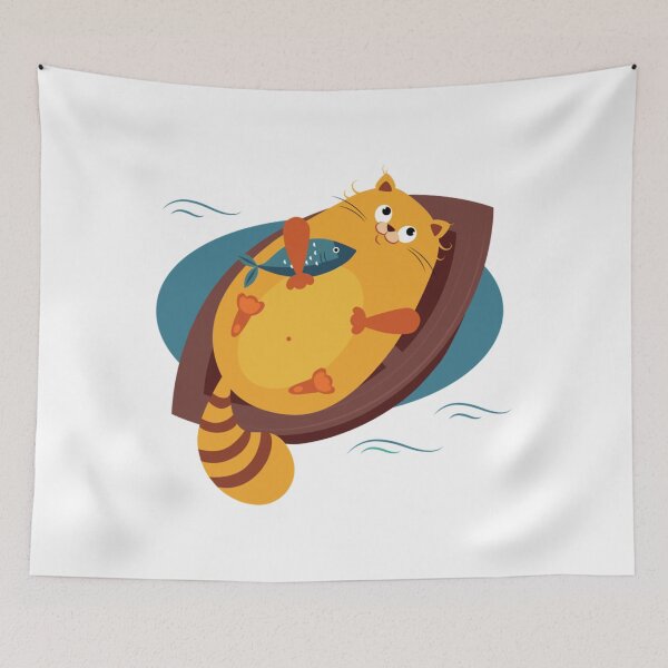Item preview, fat cat hugging fish   designed and sold by ClitusSmith.