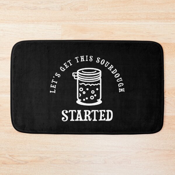 Item preview, sourdough bread starter, crusty bread, artisan bread themed design on a black T-shirt, sticker, and apron.  designed and sold by smichaeliv.