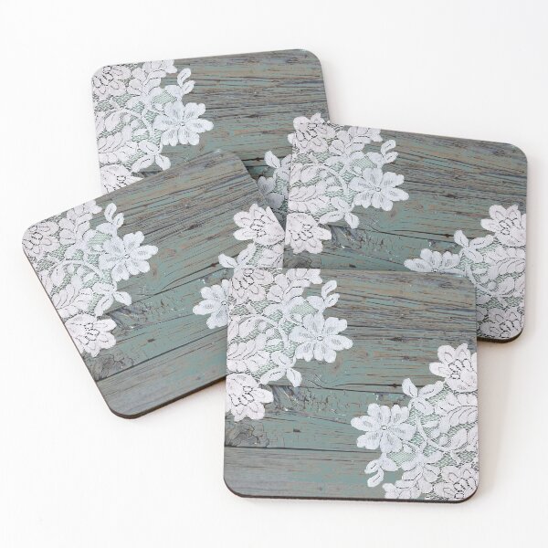 Item preview, Distressed floral white lace western country teal barn wood designed and sold by LEILA ART SPACE.