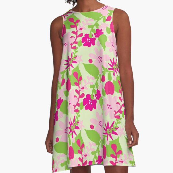 Bright Floral Pink and Green A-Line Dress