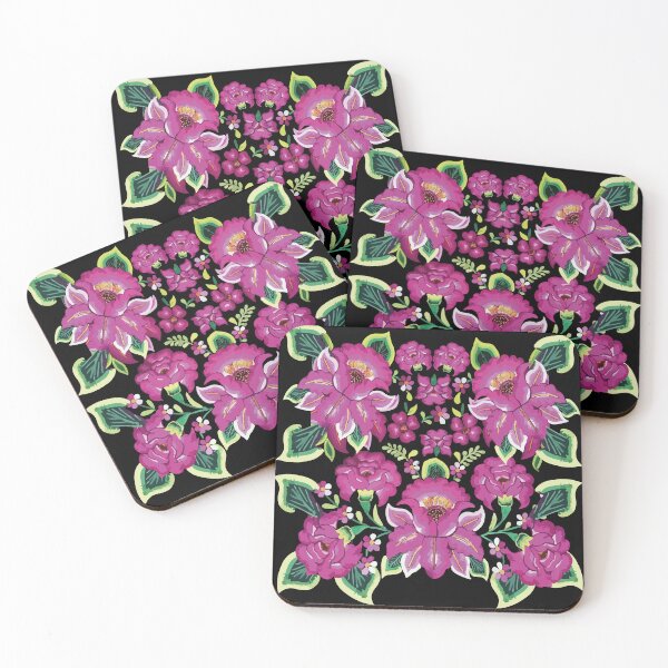 Item preview, Black hot pink tehuana oaxaca flowers and leaves embroidery rosa mexicana interior design mexican tablecloth designed and sold by T-Mex.
