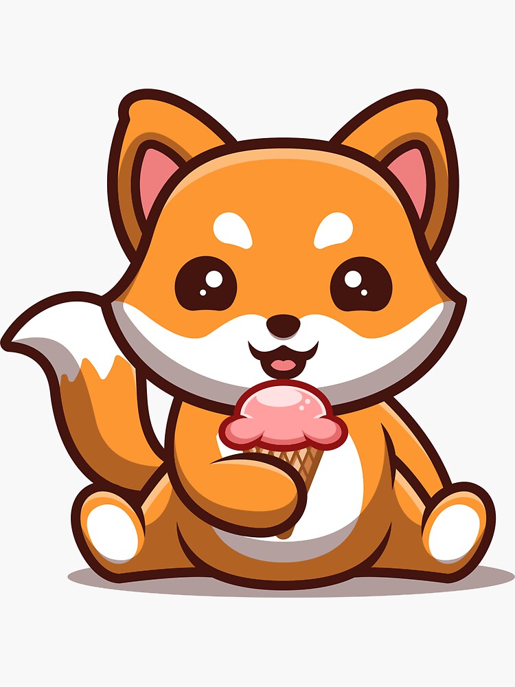 "Fox Sitting Eating Ice Cream Cute Cartoon" Sticker for Sale by