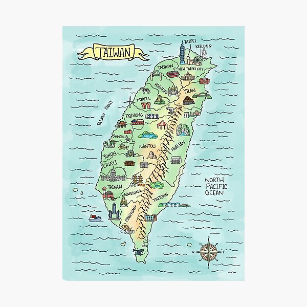 Taiwan Map in Digital Watercolor Photographic Print