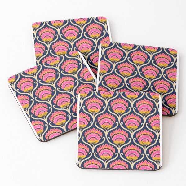 Item preview, Bright ethnic ogee flame floral  - Hot pink, marigold and papaya orange on midnight blue designed and sold by misentangled.