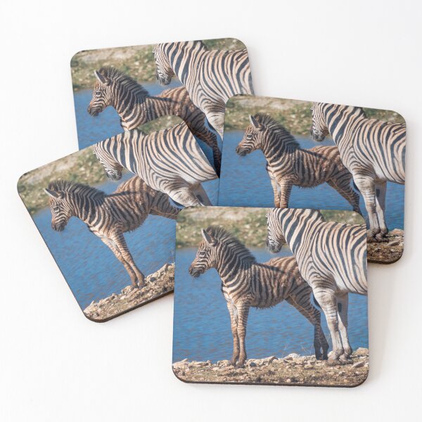 Item preview, Cute baby zebra with mother in front of watering hole designed and sold by noblephoto.
