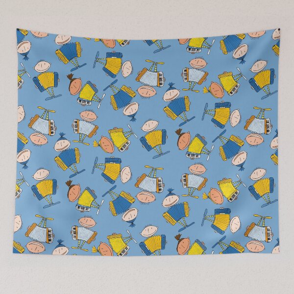 Item preview, little accordionists - repeating pattern on blue designed and sold by kobyakov.