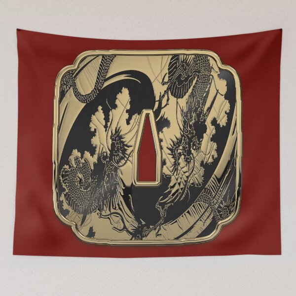 Item preview, Japanese Katana Tsuba - Golden Twin Dragons on Black Steel over Red Velvet designed and sold by Serge Averbukh Art Studio.