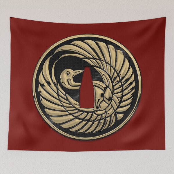 Item preview, Japanese Katana Tsuba - Golden Crane on Black Steel over Red Velvet designed and sold by Serge Averbukh Art Studio.