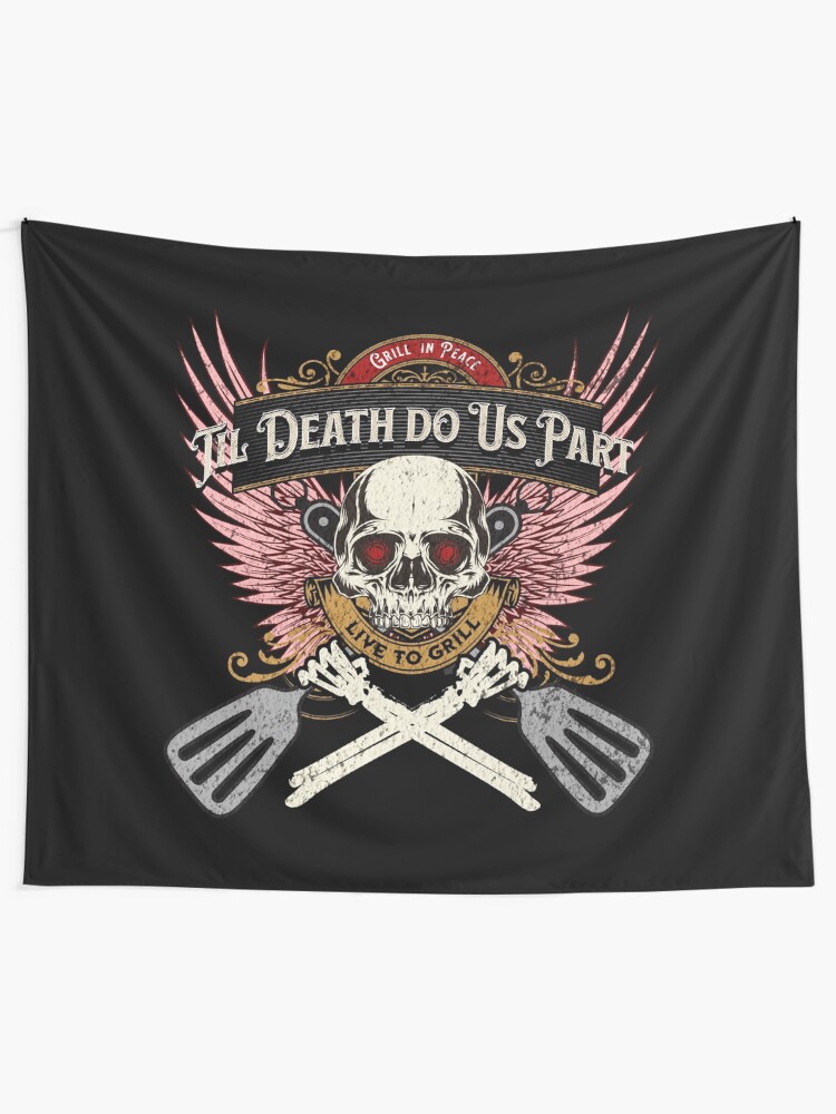 Alternate view of Grill in Peace - Live to Grill - Pink Wings - Skull & Crossed Bones Tapestry