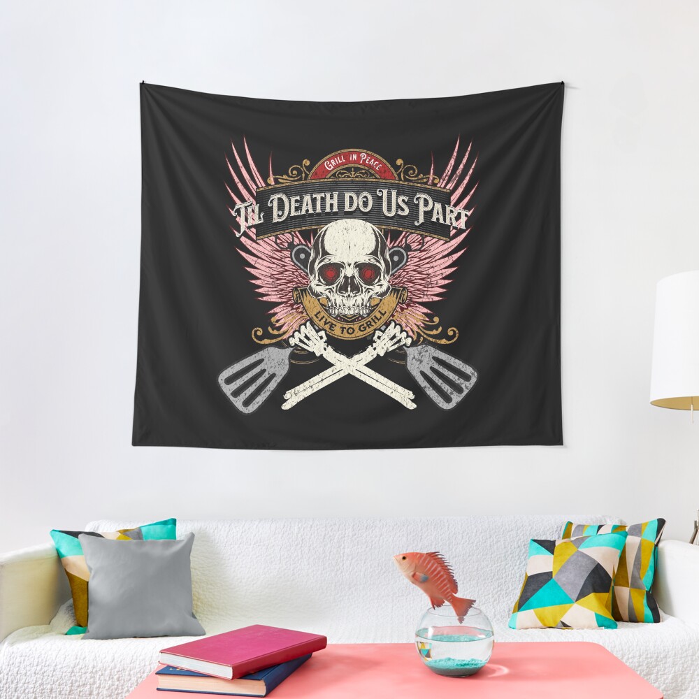 Grill in Peace - Live to Grill - Pink Wings - Skull & Crossed Bones Tapestry