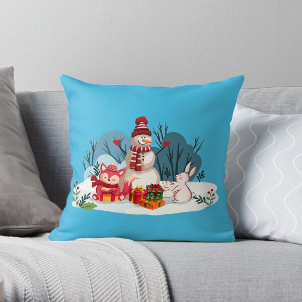 Christmas Snowman And His Furry Friends-White Christmas™ Throw Pillow