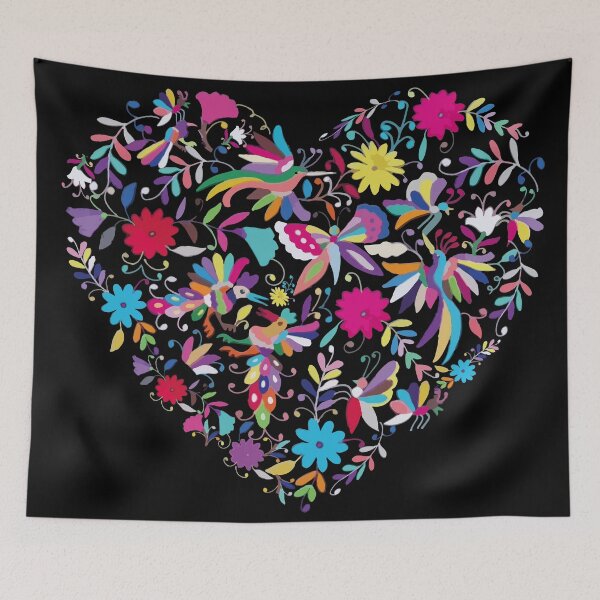 Item preview, Otomí mexican heart embroidery colorful traditional print flowers and animals interior design designed and sold by T-Mex.