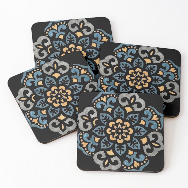 Item preview, Azul gris y amarillo mandala floral sobre negro designed and sold by Melissa Renee.