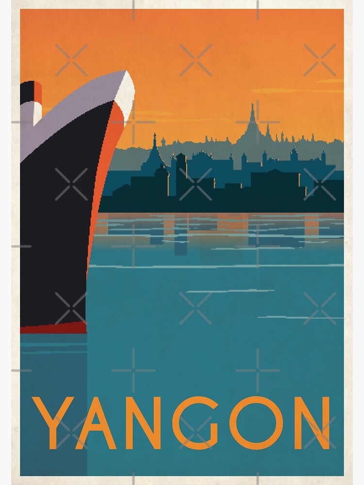 Vintage Yangon Myanmar Rangoon Burma Travel Poster Sticker For Sale