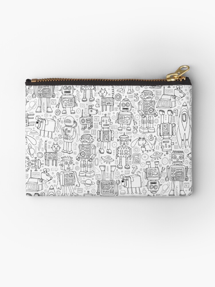 Thumbnail 1 of 4, Zipper Pouch, Robot pattern - black and white - fun pattern by Cecca Designs designed and sold by Cecca-Designs.