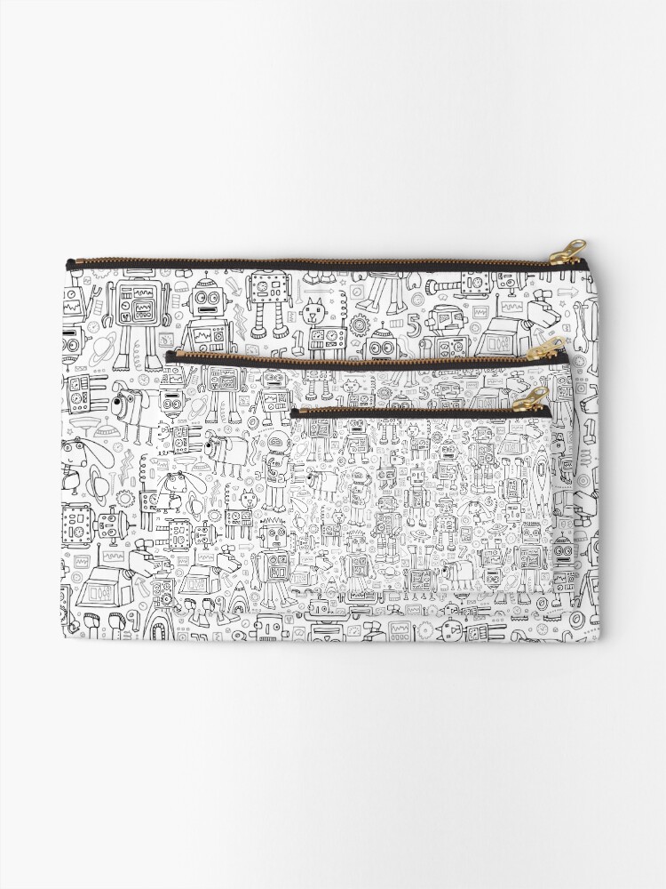 Alternate view of Robot pattern - black and white - fun pattern by Cecca Designs Zipper Pouch