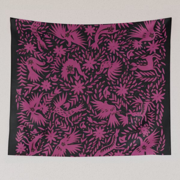 Item preview, Otomí mexican pink embroidery colorful traditional print flowers and animals interior design designed and sold by T-Mex.