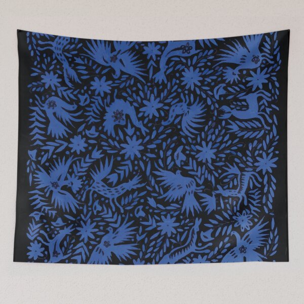 Item preview, Otomí mexican royal blue embroidery colorful traditional print flowers and animals interior design designed and sold by T-Mex.
