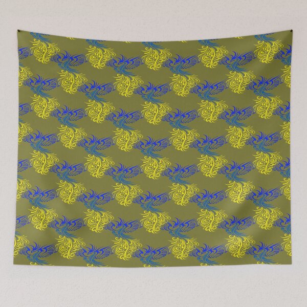 Item preview, Blue Yellow Artistic Phoenix Illustration Repeat Pattern On Khaki designed and sold by taiche.