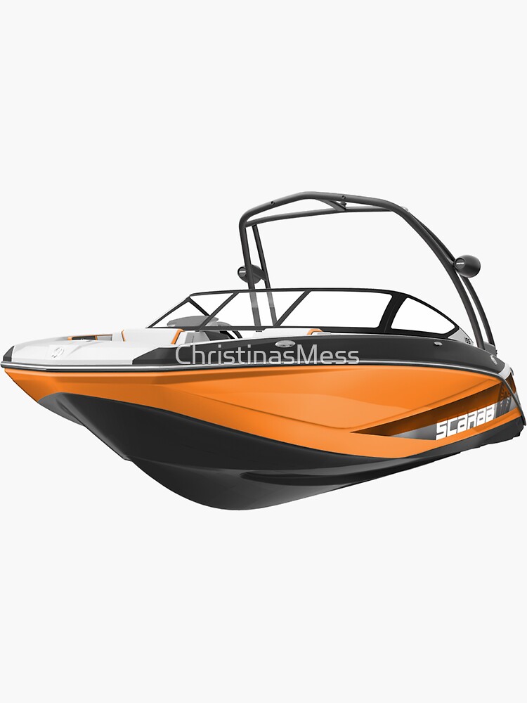 "Scarab Wakeboard Orange Boat with Waketower Lake" Sticker for Sale by