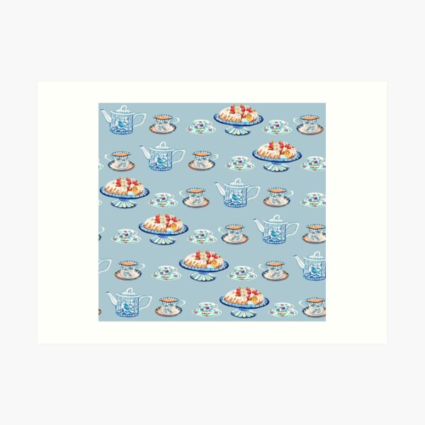 Jane Austen Tea and cake lovers in blue Art Print